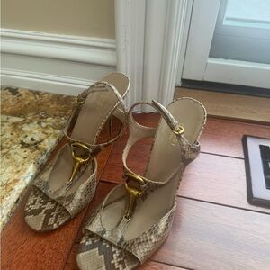 Gucci Beige Snake Print Sandals with Gold Accents